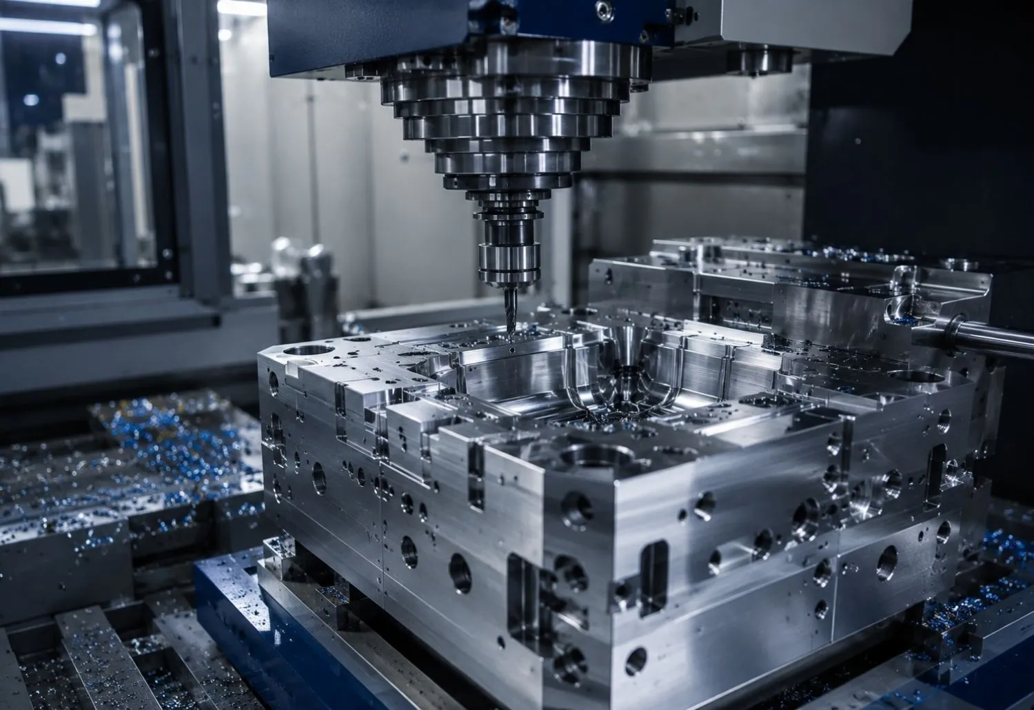 ENT Plastik kalıp imalatı sürecinde CNC işleme merkeziyle hazırlanan çelik enjeksiyon kalıbı